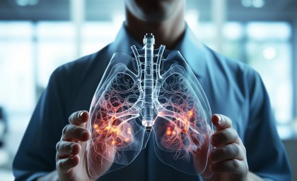 A man holds an animated model of a lung